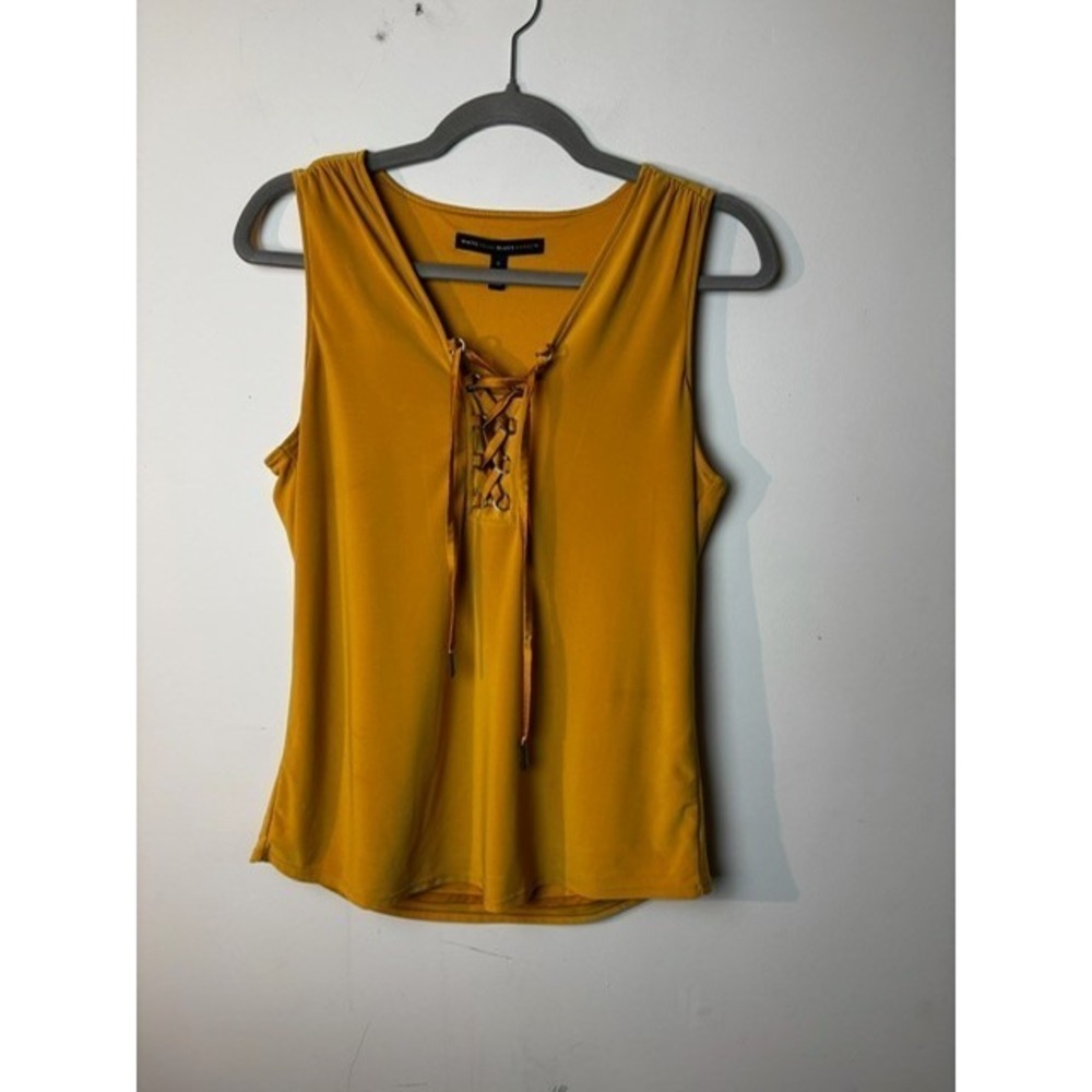Womens S White House Black Market Tank Top Mustard Yellow Front Lace-Up V-Neck